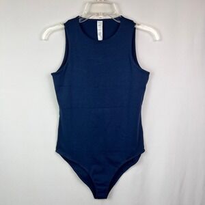 Mangopop Womens Sleeveless Crew Neck Bodysuit Navy Blue Cotton Stretch Medium